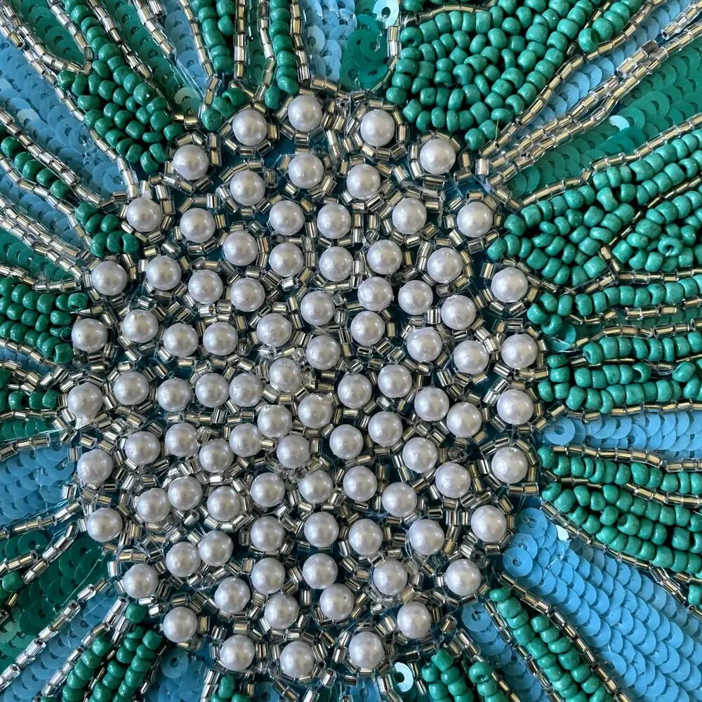 TAHARI HOME Glass Hand Beaded Charger Placemat 15in Blue Green Silver Floral NEW